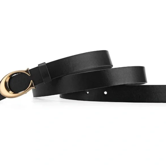 Black Vegan Leather Belt with Gold C Buckle – Fits Waist 28-36 Inches - Classic - Picture 5 of 11